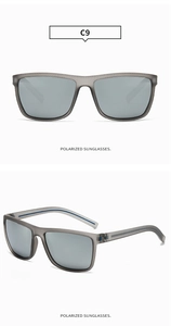 Close-up of polarized sunglasses featuring carbon fiber texture frames and spring hinges