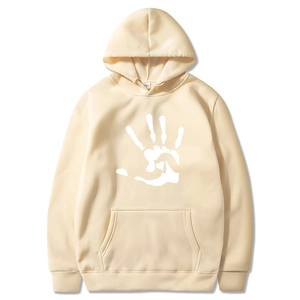 Beige fleece hoodie for men featuring a white palm print and heart graphic on front