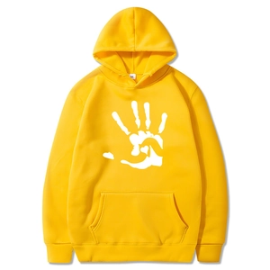 Yellow fleece hoodie with white palm heart print for men, front view on white background