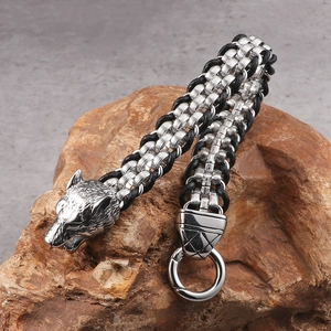 Punk style stainless steel wolf head bracelet with black braided leather strap for men