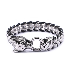 Men Wolf Head Bracelet Stainless Steel And Braided Genuine Leather Punk Gothic Viking Style Jewelry Accessories