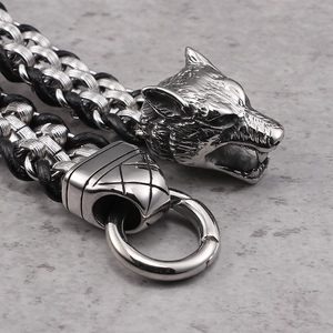 Punk wolf head charm bracelet with black braided leather and stainless steel accents