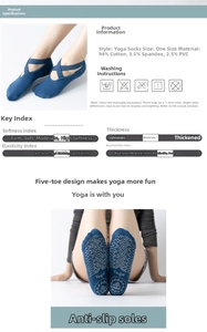 Detail of navy yoga socks showing cross straps and non-slip PVC dots with material data