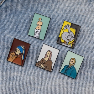 Lot de 5 épinglettes en émail avec peintures célèbres sur fond de denim bleu