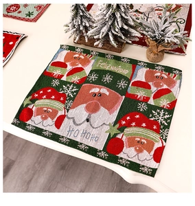 Detailed close-up of knitted Christmas placemats featuring festive red and green patterns