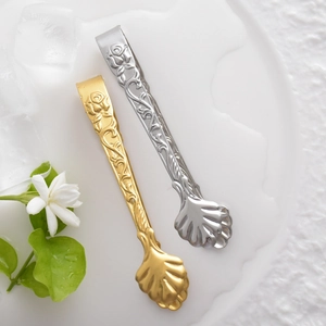 Relief rose pattern stainless steel ice and sugar tongs in gold and silver finish
