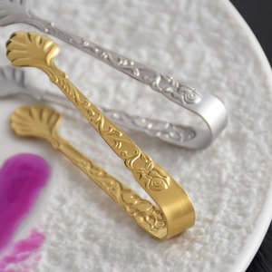 Embossed rose pattern 304 stainless steel ice cube and sugar tongs in gold and silver