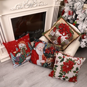 Housse De Coussin De Noël Broderie Jacquard Père Noël Bonhomme De Neige Oiseau Motif Floral Décoration De Maison Festive