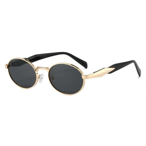 Chic oval metal sunglasses with golden frame and dark grey lenses for women