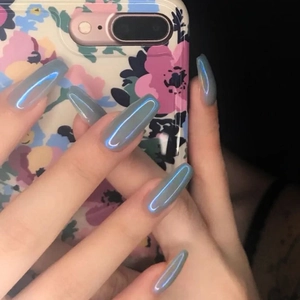 Iridescent aurora grey-blue coffin nails showing laser holographic mirror finish
