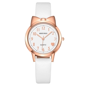 Girl quartz watch with cat ear case, white leather strap and rose gold numbers