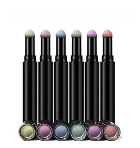 Close-up of solid aurora chrome nail powder cushion pens in six pearlescent colors