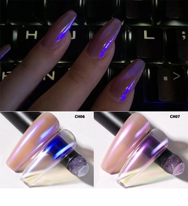 Detail of aurora chrome nail powder showing CH06 and CH07 shades with sponge applicator