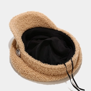 Thick warm lamb wool baker boy hat in beige with vintage button and adjustable inner cord