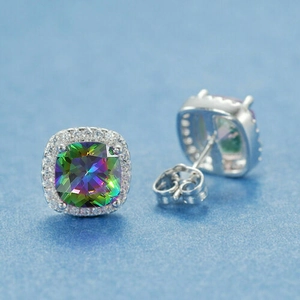 Detailed close-up of square cushion-cut earrings with colorful halo zircon stones