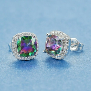 Elegant halo square earrings featuring rainbow zircon stones and silver metal base