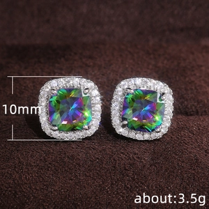Square mystic topaz stud earrings with zircon halo in silver finish 10mm 3.5g