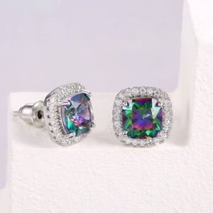 Elegant square halo stud earrings with aurora cubic zirconia stones in silver finish