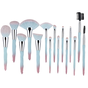 15-piece professional makeup brush set with gradient blue-pink handles and synthetic fiber bristles