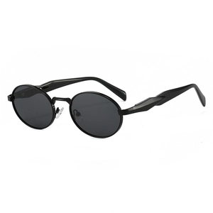Vintage oval black metal sunglasses with geometric temples on a clean white background