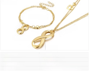 Detail showing dimensions of gold infinity symbol necklace and bracelet set in stainless steel