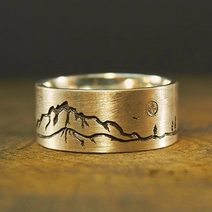 Vintage Legering Ring Gegraveerd Berg Bos Natuur Thema Brede Band Ingelegd Zirkoon Retro Sieraden Voor Heren Dames