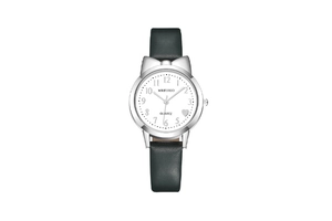 Close-up of quartz watch dial with heart and bow details on black leather strap