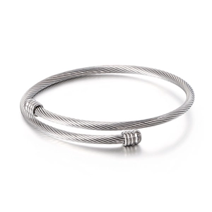 Modern minimalist silver twisted cable stainless steel open bangle with ball ends