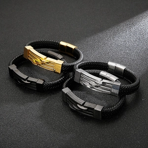 Men's braided leather and stainless steel bracelet in gold, silver, black and gunmetal