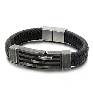 Men Genuine Leather Braided Bracelet Stainless Steel Geometric Magnetic Clasp Retro Punk Industrial Style Jewelry