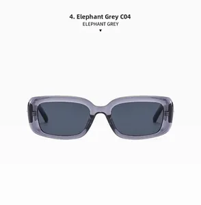 Dettaglio degli occhiali da sole rettangolari Elephant Grey con lenti scure e finitura C04