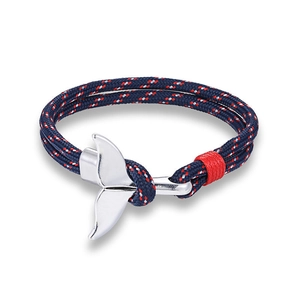 Handmade nautical braided rope bracelet with a silver whale tail clasp for men and women