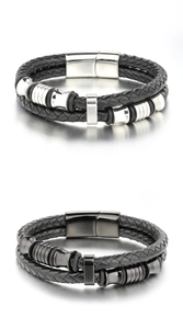 Détails de bracelets en cuir tressé double couche avec fermoirs magnétiques argent et noir