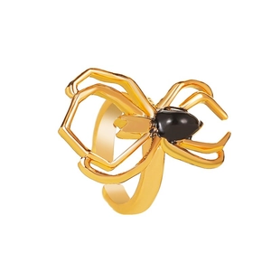 Golden spider open ring with black water-drop resin inlay on minimalist spider back