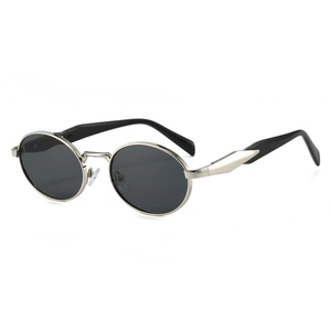 Oval retro sunglasses with slim metal frame and dark lenses on a white background