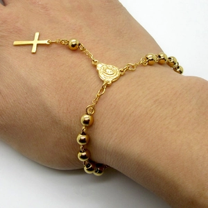 Bracciale rosario in acciaio inossidabile dorato con croce e medaglia della Madonna