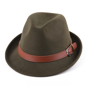 Classic olive green fedora hat with brown leather band and silver buckle for men and women