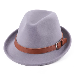 Classic grey felt fedora hat for men and women with brown leather band and metal buckle