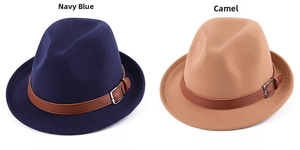 Detail of wool felt fedora hats in navy blue and camel with leather buckle straps