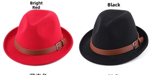 Close-up of wool felt fedora hats with faux leather belt straps and silver metal buckles