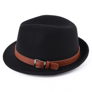 Detail of black wool fedora hat featuring a brown PU leather band and metal buckle