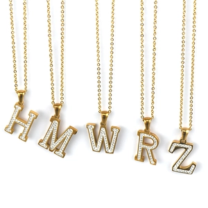 Stainless Steel Initial Alphabet Pendant Necklace 18K Gold Plated Zircon Rhinestone Inlaid Elegant Fashion Jewelry For Women