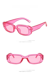 Front and side view of trendy rectangular sunglasses in transparent rose pink resin