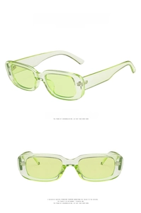Detailed side and front view of transparent green rectangle sunglasses with resin frames