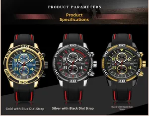Detailed chronograph dial features with date display and silicone sport watch strap