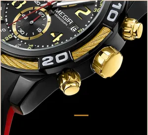 Detailed close-up of chronograph buttons and gold-tone alloy case on a sports watch