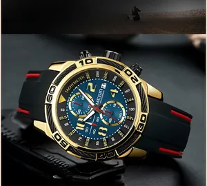 Macro shot of gold metallic case with blue sunray dial and chronograph sub-dials