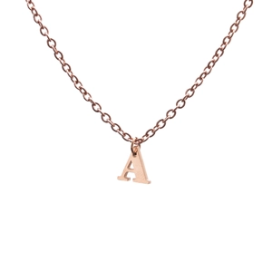 Rose gold stainless steel alphabet necklace featuring letter A pendant on O-chain link