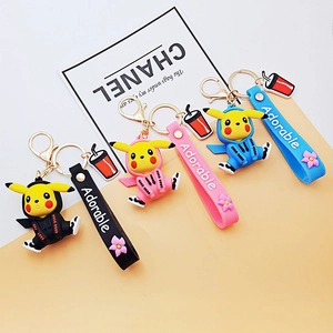 Detail of Pikachu keychain wearing hoodies with 'Adorable' silicone wrist strap