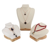Three-piece bamboo wood necklace display stands with premium white fabric upholstery
